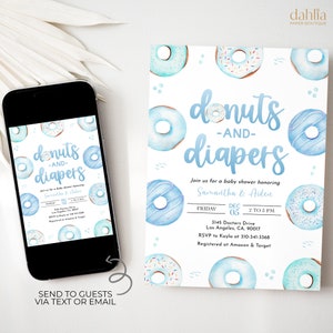 Invito per baby shower con ciambelle e pannolini blu, invito MODIFICABILE con granella di zucchero per neonati, festa di dessert ad acquerello, modello per neonato, BS202