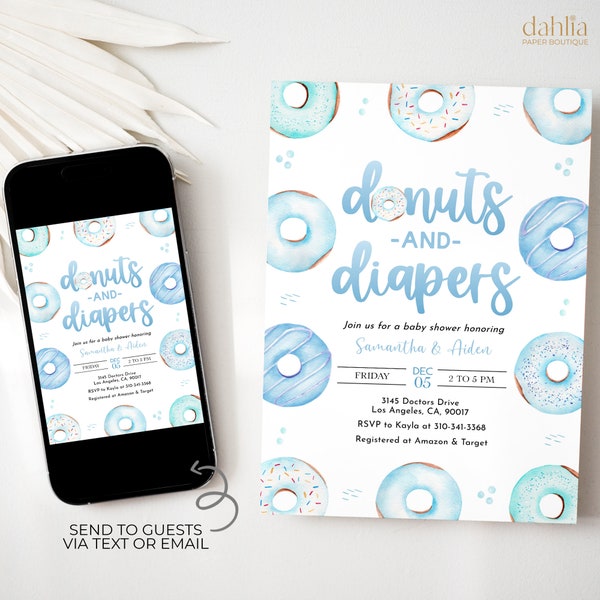 Blue Donuts and Diapers Baby Shower Invitation, EDITABLE Sweets Baby Sprinkle Invite, Watercolor Dessert Party, Baby Boy Template, BS202