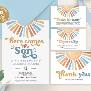 Conjunto de invitación editable Sunshine Baby Shower, Aquí viene la plantilla de Baby Shower Son, Blue Boy Sunshine Shower, Boho Sunshine Shower, BS170