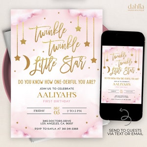 EDITABLE Twinkle Twinkle Little Star First Birthday Invitation Template, Moon and Stars Girl Party Invite, Pink and Gold, Instant Download