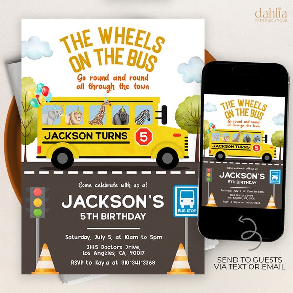 Wheels on the Bus Birthday Invitation, EDITABLE Safari Animals Party Invite Template, Any Age Kids Birthday, Yellow School Bus Invite, KP211