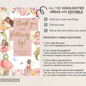 May include: A printable gift tag featuring a whimsical fairy theme with a pink and brown background. The text reads "thank you for fluttering by!" with the words "With Love, Aurora" below. The tag is decorated with illustrations of fairies, flowers, and butterflies. The text "GIFT TAG: 2 by 3.5 inches" is at the bottom of the tag.