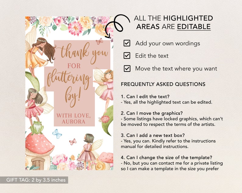May include: A printable gift tag featuring a whimsical fairy theme with a pink and brown background. The text reads "thank you for fluttering by!" with the words "With Love, Aurora" below. The tag is decorated with illustrations of fairies, flowers, and butterflies. The text "GIFT TAG: 2 by 3.5 inches" is at the bottom of the tag.