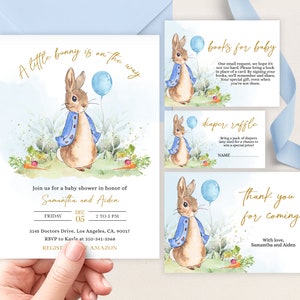 Set di modelli di invito per baby shower Peter Rabbit, invito per coniglietto rustico EDITABILE, palloncini blu, giardino primaverile, download istantaneo, BS133
