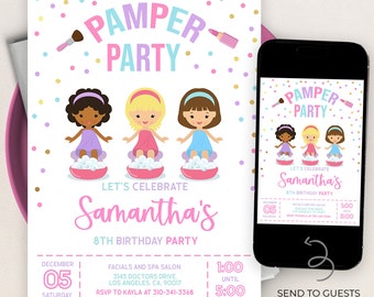 Spa Birthday Invitation, Editable Pamper Party Invite Template, Girl's Manicure & Pedicures Party Invite, Glam Squad, Instant Download KP096