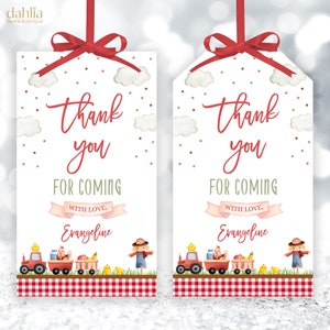 Farm Thank You For Coming Gift Tag, Editable Barn Animals Birthday Favor Tag, Modern Ranch Gift Tag, Neutral Red Barnyard Animal Tag, KP193