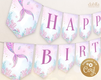 Banner EDITABLE de feliz cumpleaños de sirena, estandarte de cumpleaños bajo el mar, decoraciones de fiesta de sirena púrpura DIY, descarga instantánea, Corjl, KP030