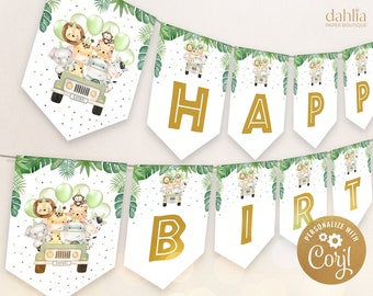 Safari Animals Happy Birthday Banner, EDITABLE Wild One Party Decorations, Jungle Animals Birthday Banner, Safari, Descarga instantánea, KP084