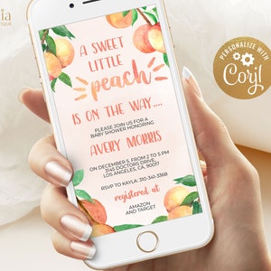 Süße kleine Pfirsich-Babyparty-Digital einladen, süße kleine Pfirsich-Babyparty Evite, süße kleine Pfirsich-Mädchen-Babyparty Evite, Corjl BS008