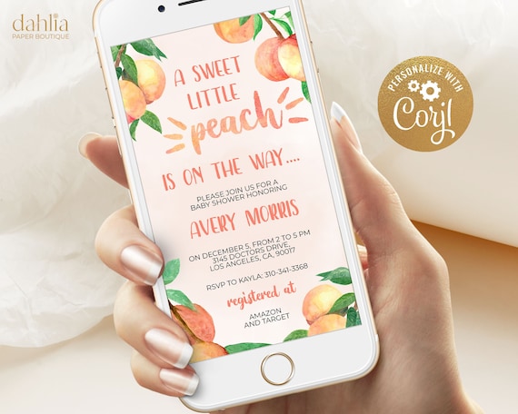 Sweet Little Peach Baby Shower Digital Invite, Sweet Little Peach Baby Shower Evite, Sweet Little Peach Girl Baby Shower Evite, Corjl BS008 Il_570xn