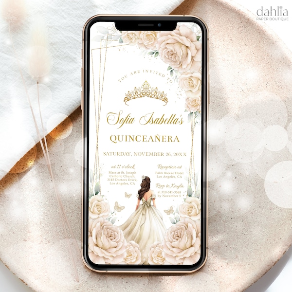 Champagne Creme and Gold Quinceañera Digital Invitation, EDITABLE Butterfly Tiara Mobile Invite, Mis Quince Anos, Girl 15th Birthday, Q044