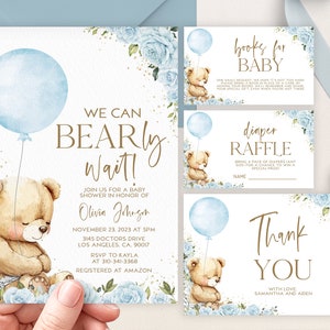 Ensemble d'invitations pour baby shower ours en peluche somnolent, paquet MODIFIABLE de décorations florales pour bébés ballons bleus, Nous pouvons attendre longtemps, lot C'est un garçon, BS237