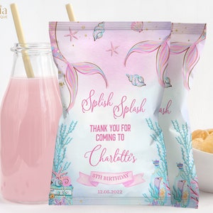 Editable Mermaid Chip Bag Label Template, Chips Wrapper, Party Favor, Under The Sea, Magical, Pink Gold, Mermaid, Instant Download, KP031