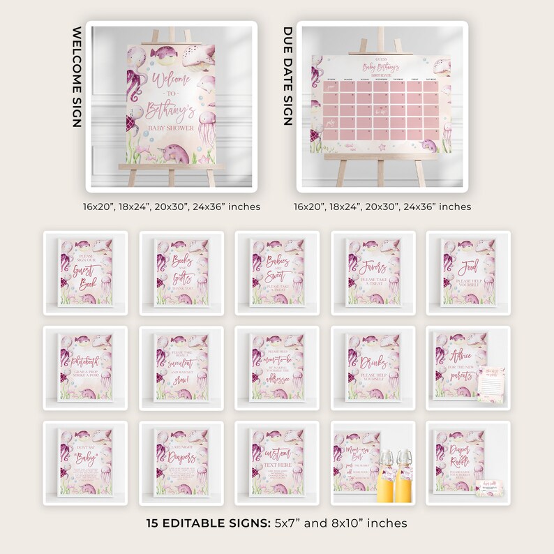 May include: A set of 15 printable signs for a baby shower with an under the sea theme. The signs feature a pink, purple, and blue color scheme with illustrations of jellyfish, seahorses, and fish. The signs are available in two sizes: 5x7 inches and 8x10 inches.