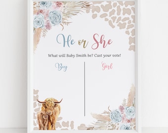 Könnte beinhalten: Ein Schild für eine Gender-Reveal-Party mit einem Aquarell-Design aus Blumen und einem Hochlandrind. Das Schild lautet "He or She" und "What will Baby Smith be? Cast your vote!" mit den Optionen "Boy" und "Girl" darunter.