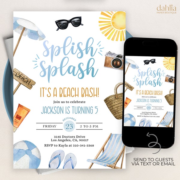 Beach Birthday Party Invitation, EDITABLE Swimming Party Invite Template, Boys Beach Bash, Tropical Summer Template, Instant Download, KP301