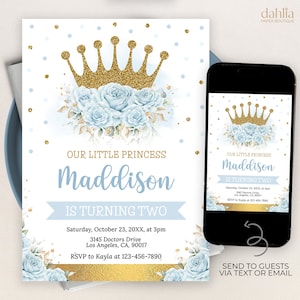 Princess Crown Birthday Invitation, EDITABLE Royal Princess Party Invite Template, Blue Fairytale Royal Celebration, Girl Birthday, KP328
