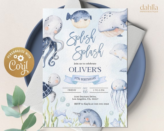 Under The Sea Birthday Invitation, Editable Ocean Animals Party Invite Template, Nautical Kid's Birthday, Whales, Instant Download KP095 Il_570xn