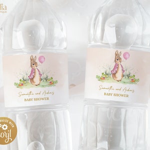 Etichetta adesiva bottiglia d'acqua doccia bambino Peter Rabbit modificabile, acquerello coniglietto rustico, brunch primaverile palloncino rosa, download istantaneo, BS133