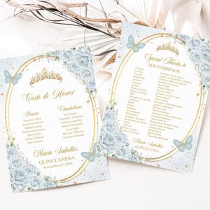 Lista de Mis Padrinos de Quinceañera Azul Bebê e Dourado, Modelo Corte de Honra EDITÁVEL, 15º aniversário de Mis Quince Anos, Download instantâneo, Q033
