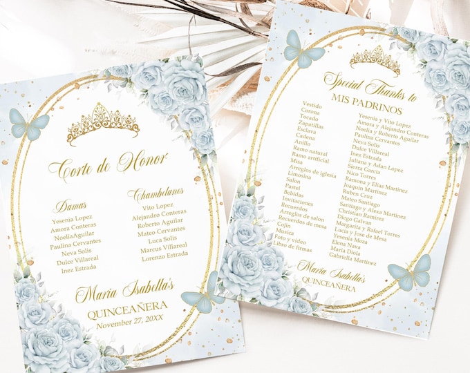Royal Blue Floral Quinceañera Mis Padrinos Lista Imprimible, PLANTILLA