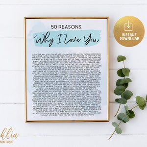 Modèle de signe modifiable des raisons pour lesquelles je t'aime pour les couples, aquarelle bleue, idées cadeaux d'anniversaire de Saint-Valentin, téléchargement immédiat, Corjl