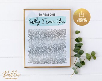 Editable Reasons Why I Love You Sign Template for Couples, Blue Watercolor, Anniversary Valentines Gifts Ideas, Instant Download, Corjl