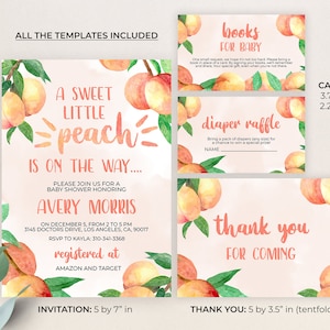 May include: Peach-themed baby shower invitation set with watercolor peach illustrations. Includes an invitation, thank you card, diaper raffle card, and a card for guests to bring books for the baby. The invitation is 5 by 7 inches, the thank you card is 5 by 3.5 inches, and the cards are 3.75 by 2.25 inches.
