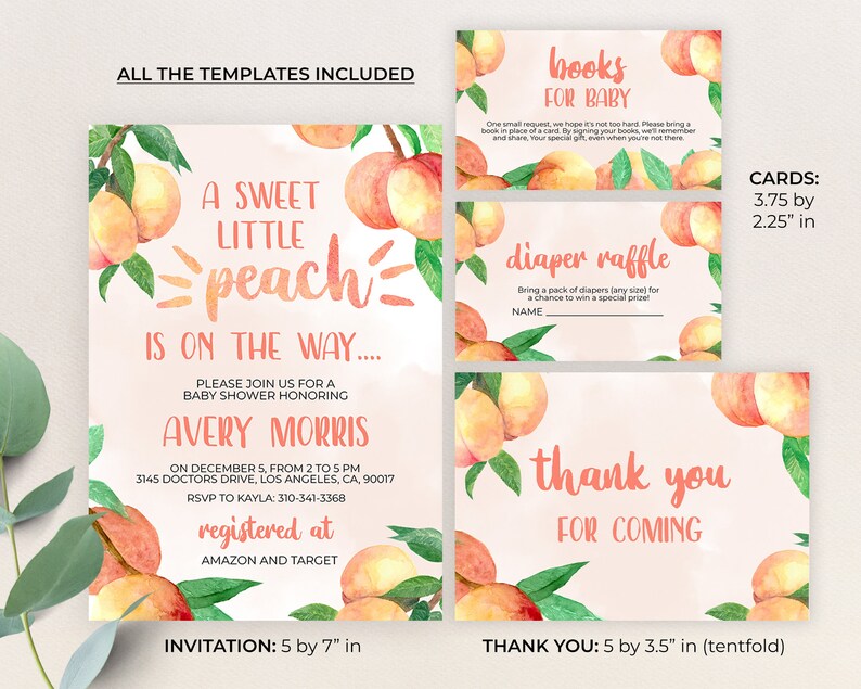 May include: Peach-themed baby shower invitation set with watercolor peach illustrations. Includes an invitation, thank you card, diaper raffle card, and a card for guests to bring books for the baby. The invitation is 5 by 7 inches, the thank you card is 5 by 3.5 inches, and the cards are 3.75 by 2.25 inches.