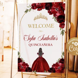 Burgundowo-czerwony i złoty łuk Quinceañera powitalny znak, EDYTOWALNY Tiara Rose 15th Birthday Decor, Elegancki szablon plakatu Mis Quince Anos, Q025