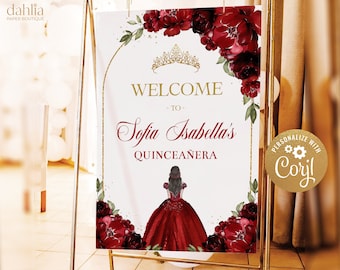 Puede incluir: Bienvenido a la Quinceañera de Sofía Isabella, cartel con una corona dorada, flores rojas y una silueta de una niña con un vestido rojo.