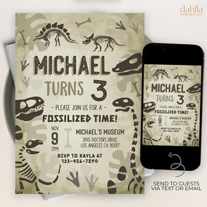 May include: A dinosaur-themed birthday party invitation with a brown and green background. The invitation features a dinosaur skeleton, footprints, and the text "Michael Turns 3". The invitation also includes the date, time, and location of the party.