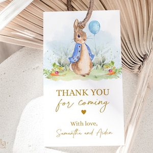 Peter Rabbit Gift Tag, BEWERKBARE Bedankt voor uw komst gunst Tag, Flopsy Bunny Label, Baby Shower Gift Tag, Boy Blue Balloon Spring, BS133