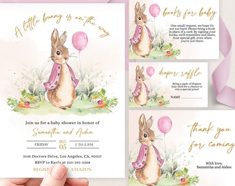 May include: A baby shower invitation with a watercolor illustration of a bunny rabbit holding a pink balloon. The invitation is for Samantha and Aiden and includes the date, time, and location of the event. It also includes a request for guests to bring a book in place of a card and a diaper raffle.