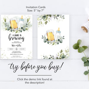 May include: A baby shower invitation card with a watercolor illustration of a beer bottle and a baby bottle. The text on the card reads "A Baby Is Brewing" and includes the name "Katie Miller".
