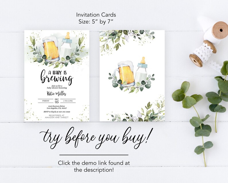 May include: A baby shower invitation card with a watercolor illustration of a beer bottle and a baby bottle. The text on the card reads "A Baby Is Brewing" and includes the name "Katie Miller".