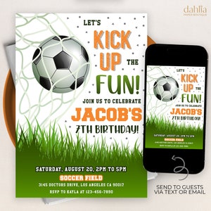 Fußball-Geburtstagseinladung, Fußball-Einladungsvorlage, Kick Up The Fun, Fußball-Party-Kinder, digital bearbeitbare druckbare Datei, sofortiger Download KP359