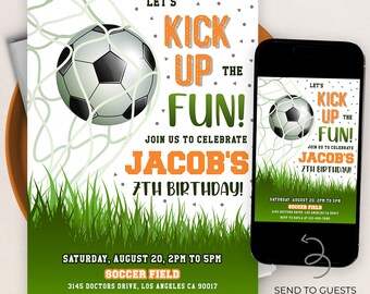 May include: A green and white soccer-themed birthday invitation for Jacob's 7th birthday party. The invitation features a soccer ball in a net, green grass, and the text "Let's Kick Up The Fun! Join Us To Celebrate Jacob's 7th Birthday!"