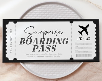 May include: Black and white printable boarding pass with the text "Surprise Boarding Pass" and a plane icon. The pass includes the text "JFK-LAX" and space for the recipient's name, date, and a personalized message.
