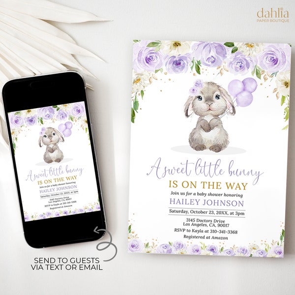 Sweet Little Bunny Baby Shower Invitation, EDITABLE Purple Floral Rabbit Invite, Spring Baby Sprinkle, Easter Party, Instant Download BS235