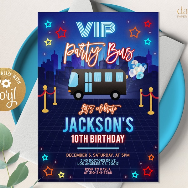 VIP Party Bus Invitation, EDITABLE Blue Limo Party Invite, Rock Star Birthday, Glow Neon Light Template, Personalized Any Age Card, KP204