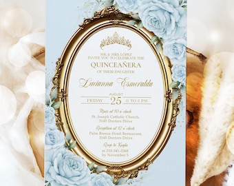 May include: A blue and gold Quinceañera invitation with a floral design. The invitation features a gold oval frame with a crown and the text "MR & MRS LOPEZ INVITE YOU TO CELEBRATE THE QUINCEAÑERA OF THEIR DAUGHTER Lucianna Esmeralda AUGUST 25 FRIDAY 11 TO 5 PM Mass at 10 o'clock St. Joseph Catholic Church, 3145 Doctors Drive Reception at 12 o'clock Palm Breeze Hotel Restaurant, 3145 Doctors Drive Roop to Kayla at 310-341-3368 by November 5".