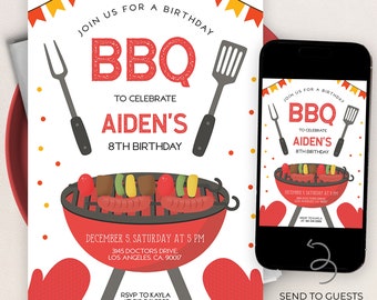 May include: A red and white printable invitation for a BBQ birthday party. The invitation features a cartoon grill with hot dogs, peppers, and skewers. The text on the invitation reads "Join us for a birthday BBQ to celebrate Aiden's 8th birthday".