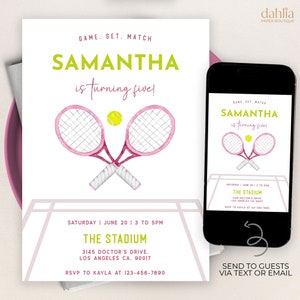 Tennis Birthday Invitation, Editable Summer Sports Party Invite, Game Set Match, Minimalist Pink Racquet Template, Instant Download, KP341