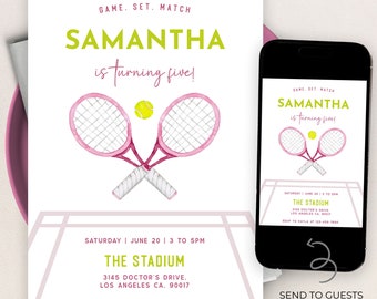 Tennis verjaardagsuitnodiging, bewerkbare zomersportfeest uitnodiging, gameset wedstrijd, minimalistische roze racketsjabloon, instant download, KP341
