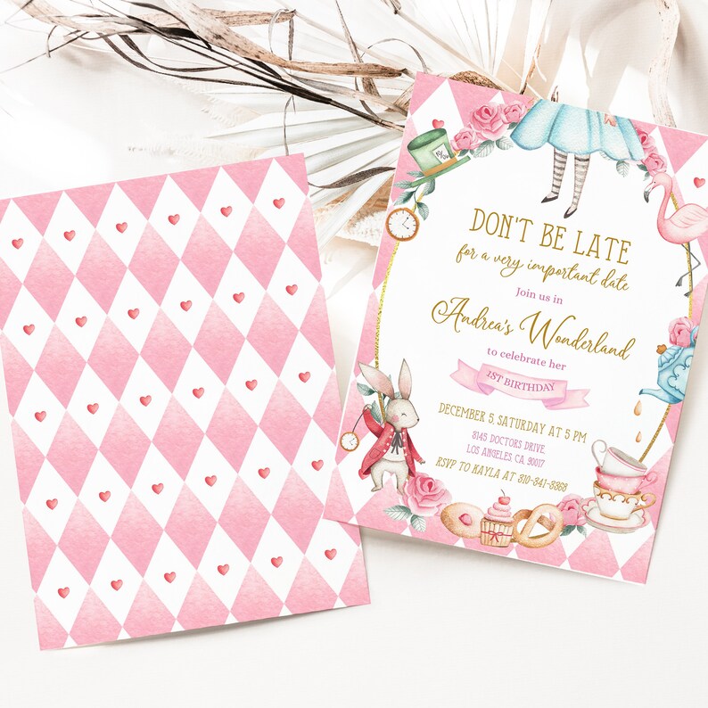 Alice in Wonderland First Birthday Invitation, EDITABLE Whimsical Mad Tea Party Invite Template, Pink Onederland Girl Instant Download KP073 image 2