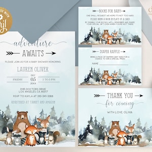 Adventure Awaits Baby Shower Invite Set, EDITABLE Adventure Baby Shower Invite Template, Woodland Baby Shower, Woodland Animals, Corjl BS037