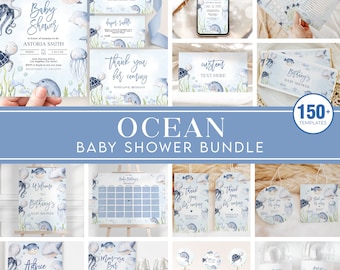 Under the Sea Baby Shower Bundle, EDITABLE Ocean Animals Baby Shower Invite, Nautical Baby Shower Games, Blue Boy, Instant Download, BS139