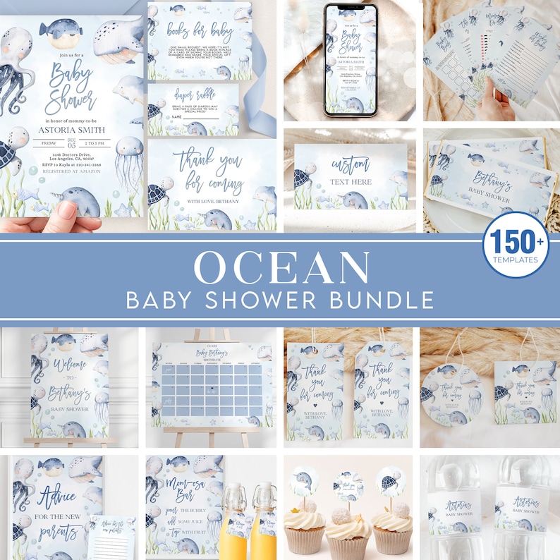 May include: A collection of 150+ ocean-themed baby shower templates. The templates feature watercolor illustrations of sea creatures, including jellyfish, fish, and a narwhal. The text "OCEAN BABY SHOWER BUNDLE" is displayed in a blue banner.