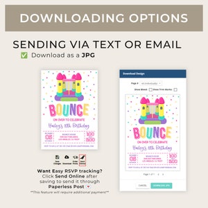 May include: A printable invitation for a birthday party with a bounce house theme. The invitation features a colorful illustration of a bounce house with the text "Bounce" in large, colorful letters. The text "On over to celebrate Hailey's 10th Birthday" is also included. The invitation includes the date, time, and location of the party.